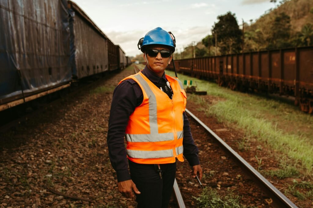 A railway worker wearing safety gear stands confidently on the tracks.