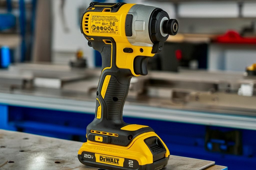 Yellow cordless drill displayed on a metal table in a workshop setting.