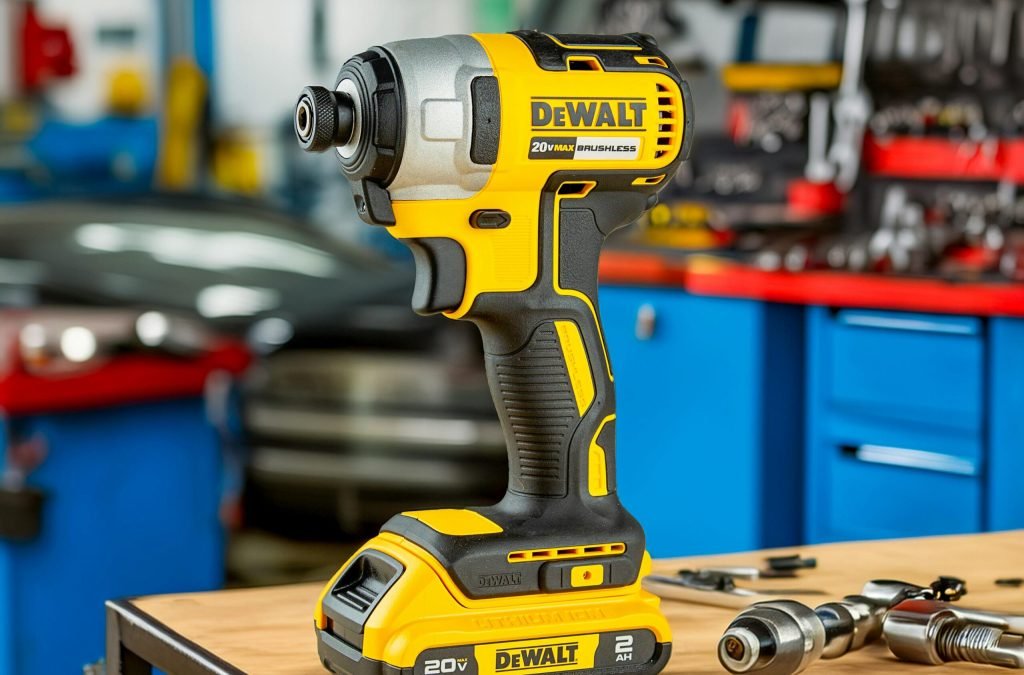 A DeWalt power drill in a well-equipped automotive workshop setting, ready for use.
