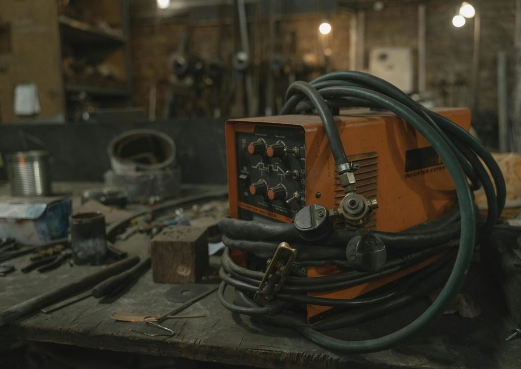 Close-up of a welding machine in an industrial workshop setting.