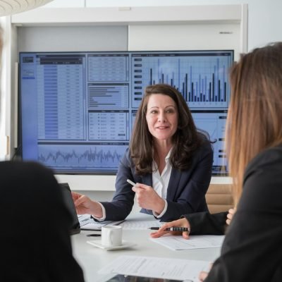 Professional businesswomen engaged in a meeting discussing data on a screen.